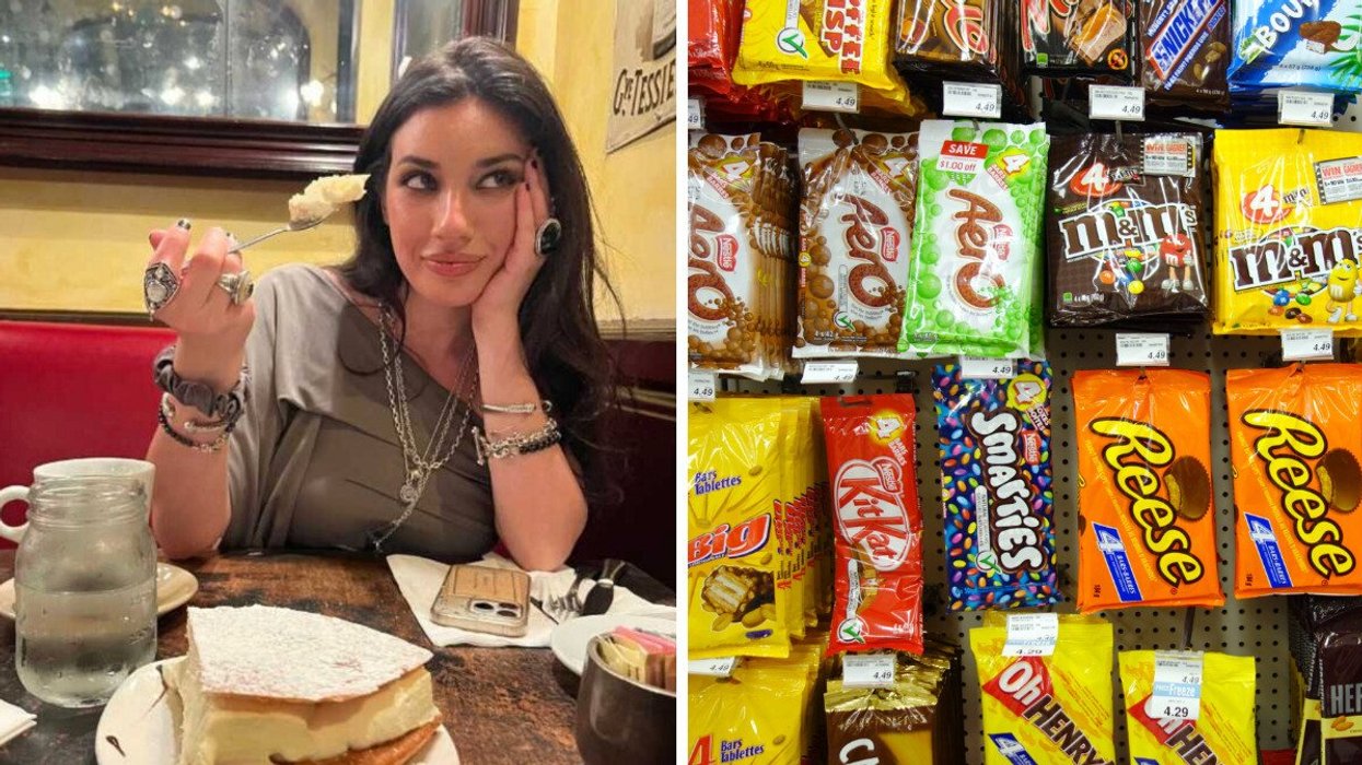 Canadian eating a treat. Right: Snacks at a Canadian store.