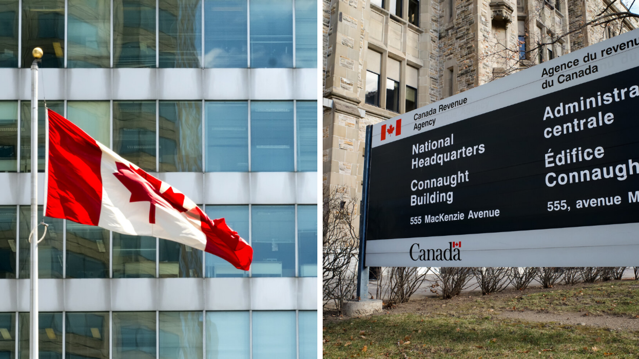 Canadian flag in front of the Canada Revenue Agency buildings on boulevard René Lévesque. Right: Canada Revenue Agency National Headquarters sign in Ottawa.