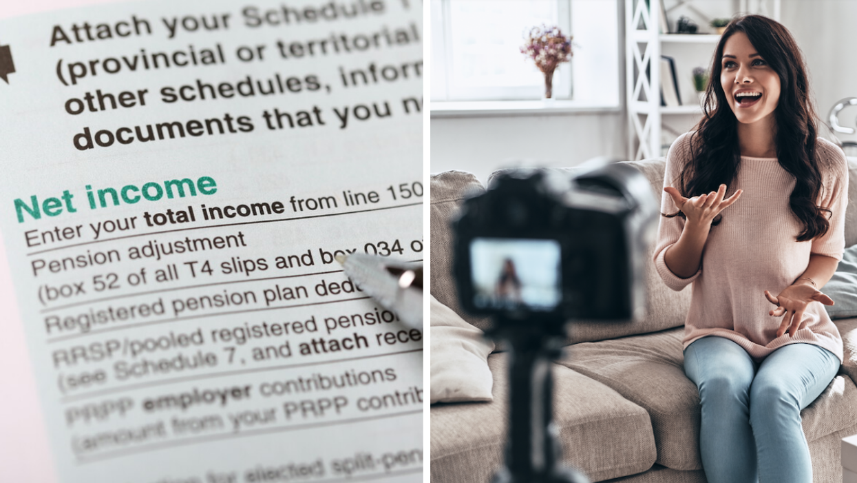Canadian income tax form (left), social media influencer filming herself in front of camera (right)