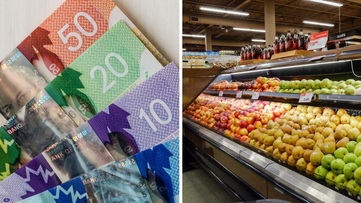 Canadian money pile. Right: A grocery store in Canada.