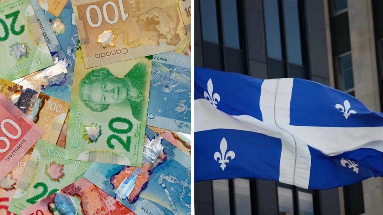 Canadian money. Right: Quebec flag.
