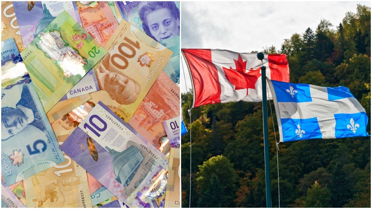 Canadian Money the currency of Canada commonly called bills or bank notes spread out. Right: Canadian and the Quebec flag in autumn setting on a cloudy day.