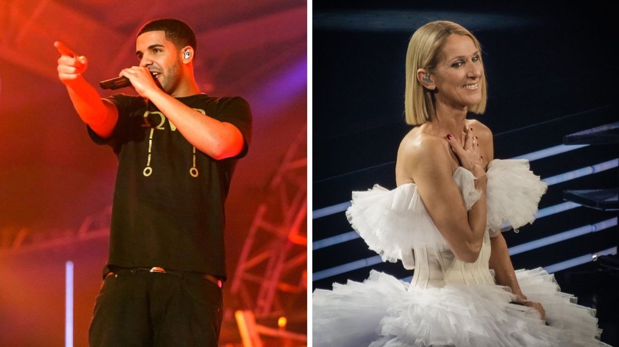 Canadian rapper Drake performing on stage wearing on all-back outfit. Right: Celine Dion smiling on stage wearing a white tule gown.