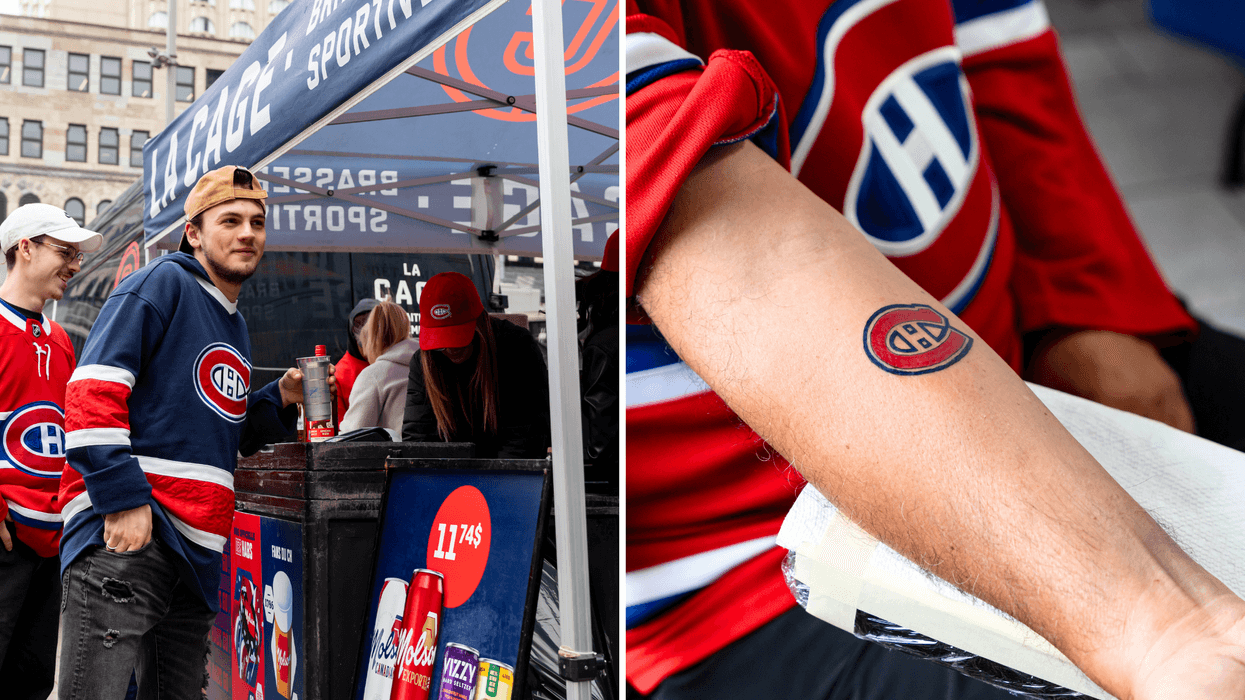 Canadiens fans at Montreal tailgate event. Right: Montreal Canadiens logo tattoo on fan’s arm