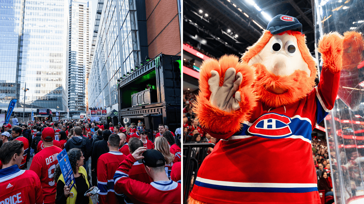 Canadiens fans gathered downtown. Right: Youppi! mascot at a Canadiens game.
