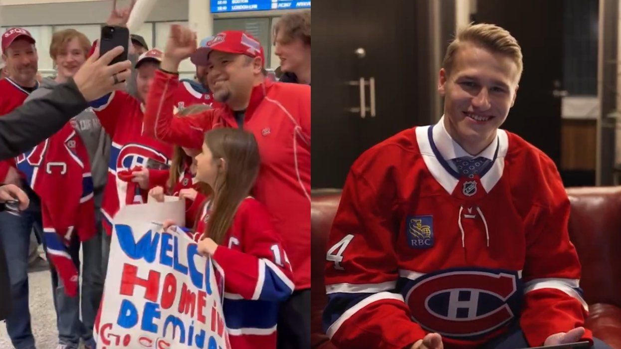 Canadiens fans wait for Ivan Demidov at the airport. Right: Ivan Demidov answers fan questions in a Canadiens social media video.