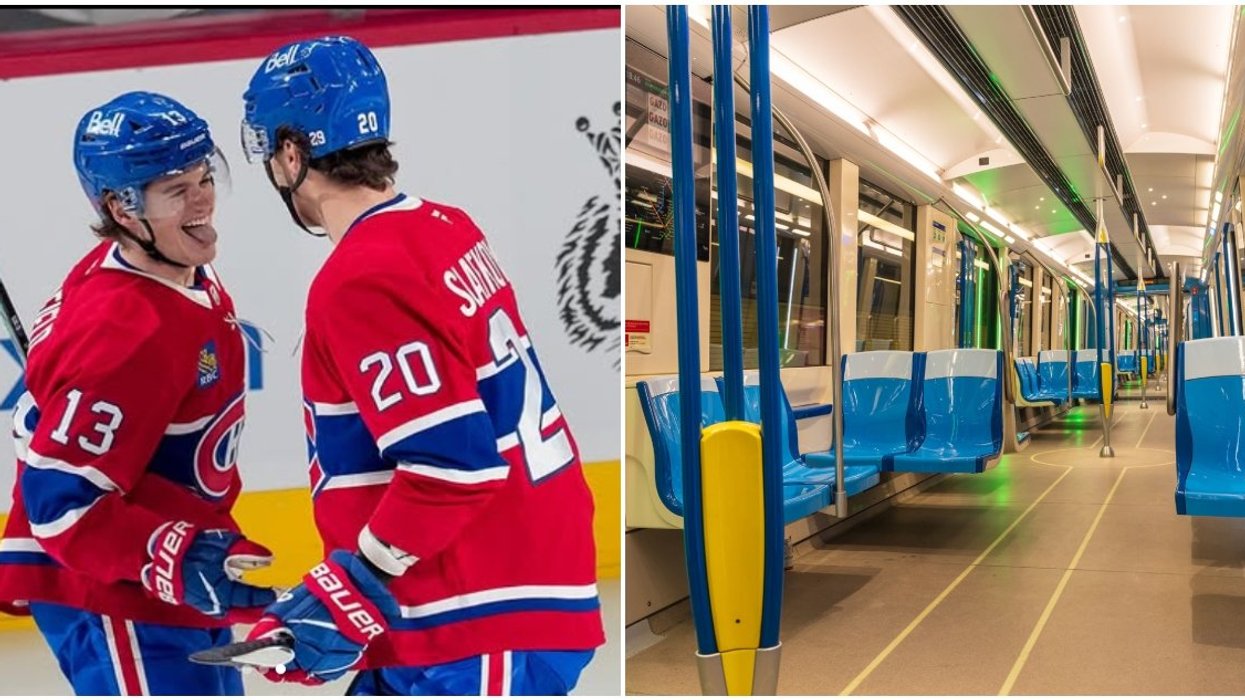 Canadiens players celebrate a goal at the Bell Centre. Right: An empty Montreal metro train.