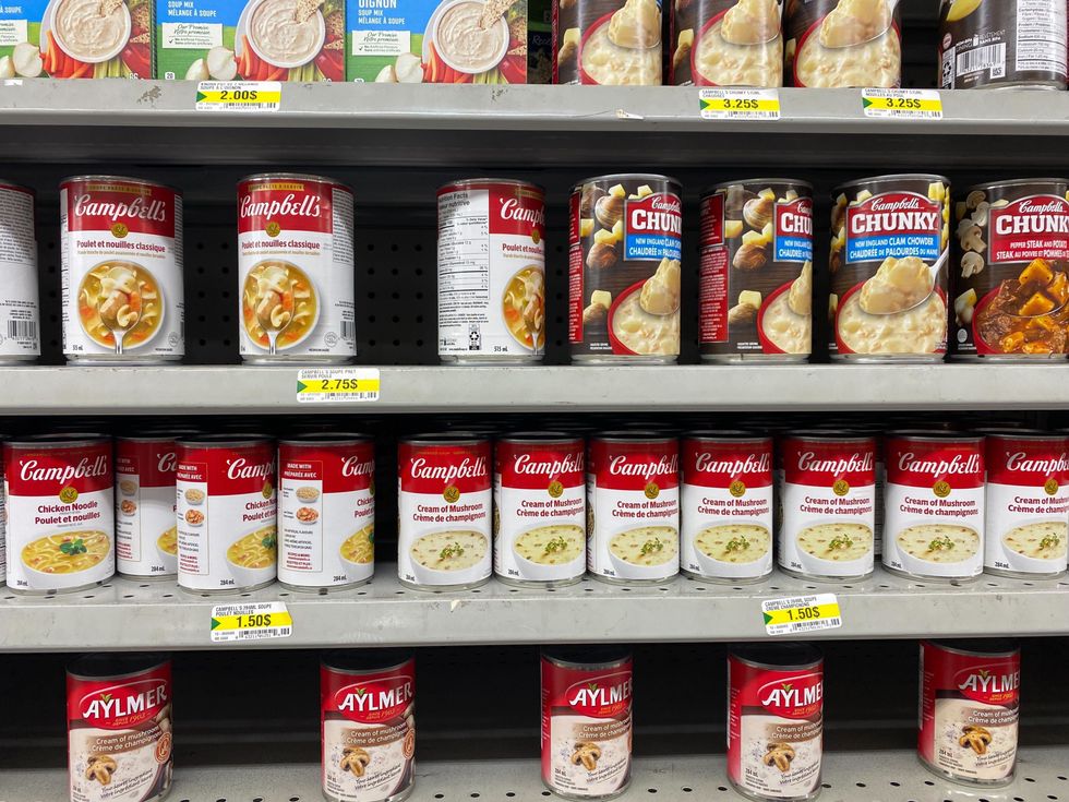 Cans of soup at Dollarama.