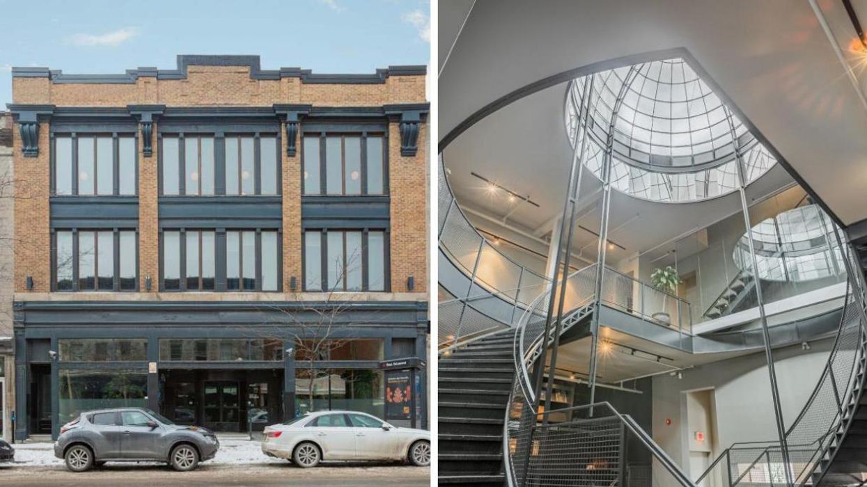 Cars parked outside a Mile End building with two stories and dark trim around rows of windows. Right: A twisting metal staircase under a dome-shaped skylight.