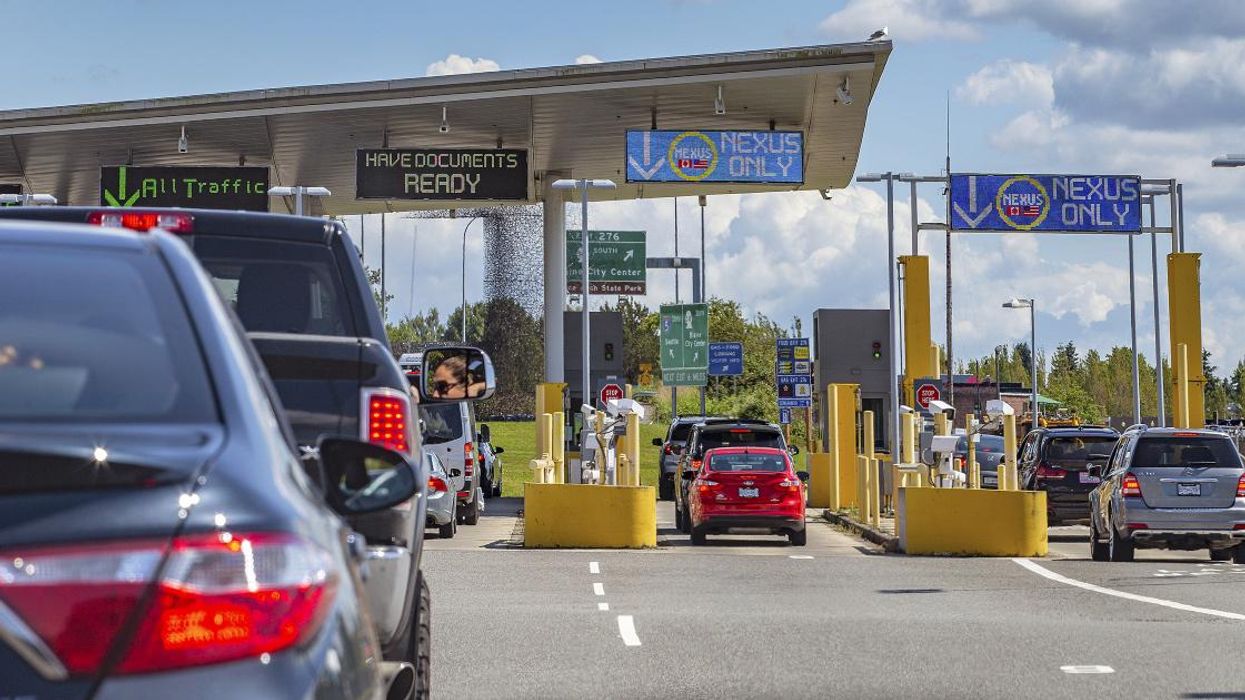 Cars waiting at the Canada-US border land crossing.