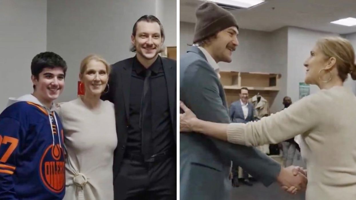 Céline Dion surprises the Edmonton Oilers in their dressing room after their game against Las Vegas.