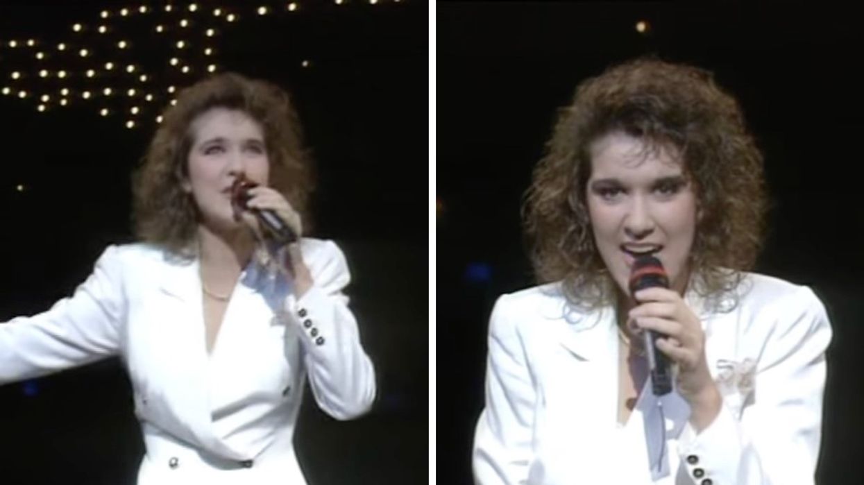 Céline Dion wearing a white dress while performing on stage at the Eurovision Song Contest in Dublin back in 1988.