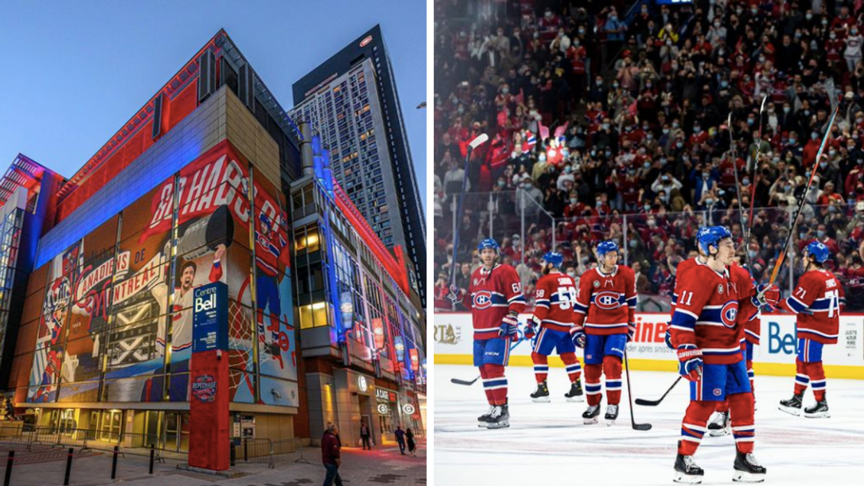 Centre Bell in Montreal, Quebec, Right: Montreal Canadiens hockey game.