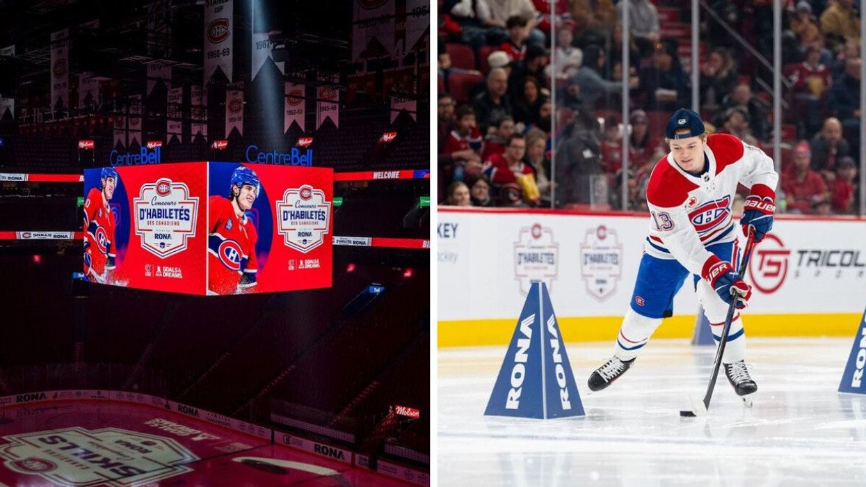 Centre Bell scoreboard during Montreal Canadiens Skills Competition presented by RONA. Right: Cole Caufield skating during Skills Competition at Centre Bell.