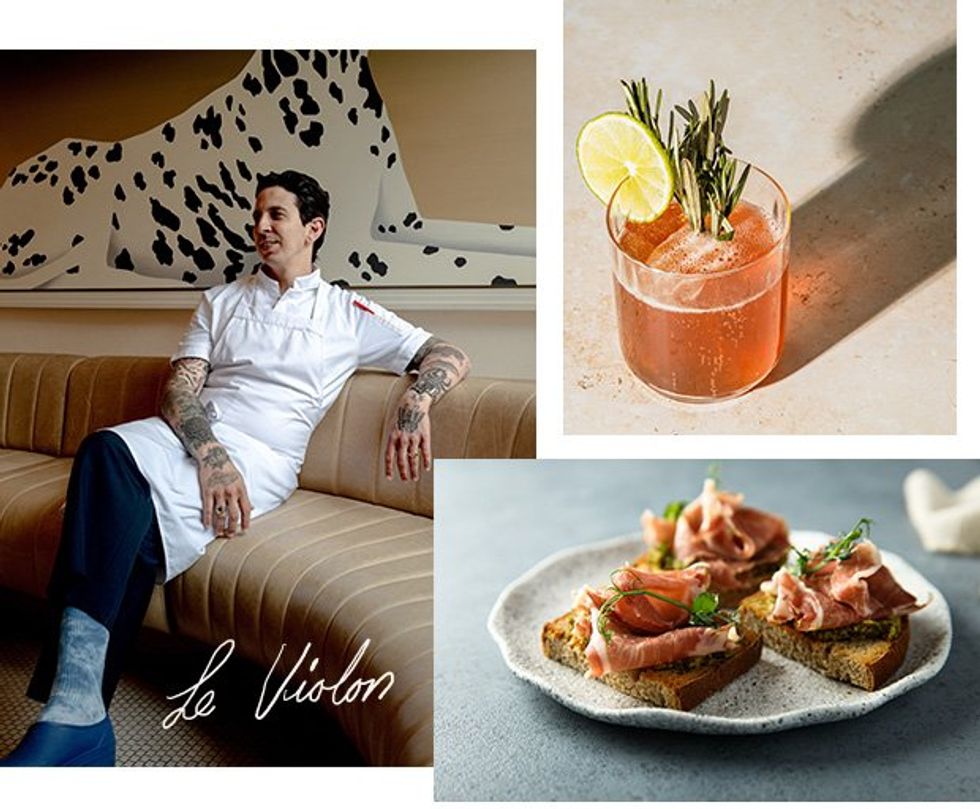 Chef Danny Smiles reclines on a curved tan couch. Right top: A golden cocktail garnished with a slice of lime and sprigs of rosemary. Right bottom: A speckled dish holding toast topped with prosciutto and microherbs. 