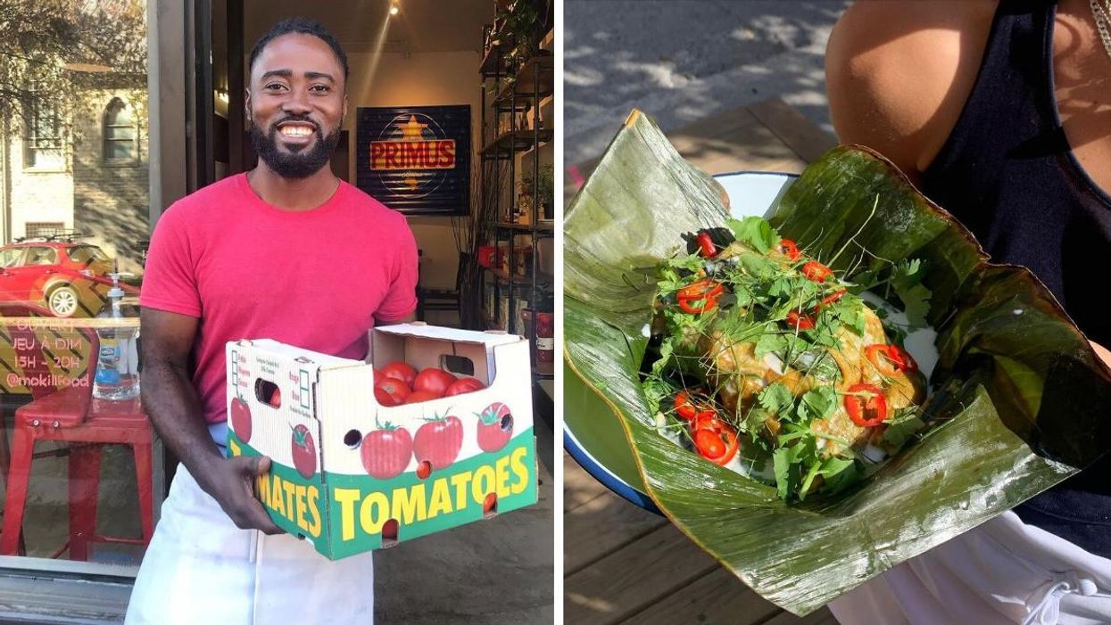 Chef Epepe Tukala Vuvu holds a box of tomatoes outside of Mokili. Right: Steamed green curry scallops in banana leaf from Pichai.