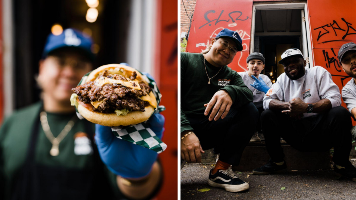 Chef Michel Lim holds an MDMH burger to the camera. Right: Lim poses with his MDMH squad.