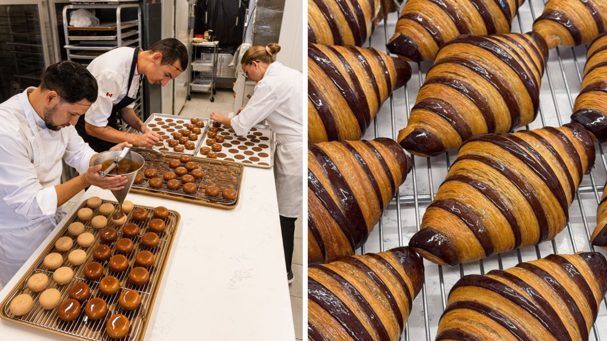 Chefs adding finishing touches to pastries in a kitchen. Right: Croissants on a metal sheet.