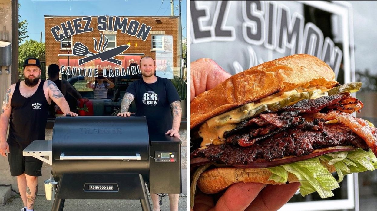 Chez Simon Cantine Urbaine owners posing outside with a grill. Right: The "Le BWB" burger from Chez Simon Cantine Urbaine in Montreal.