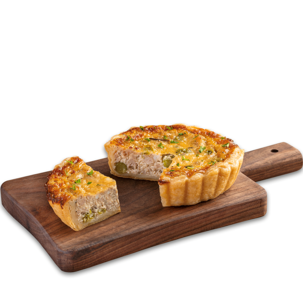Chicken and pea quiche.