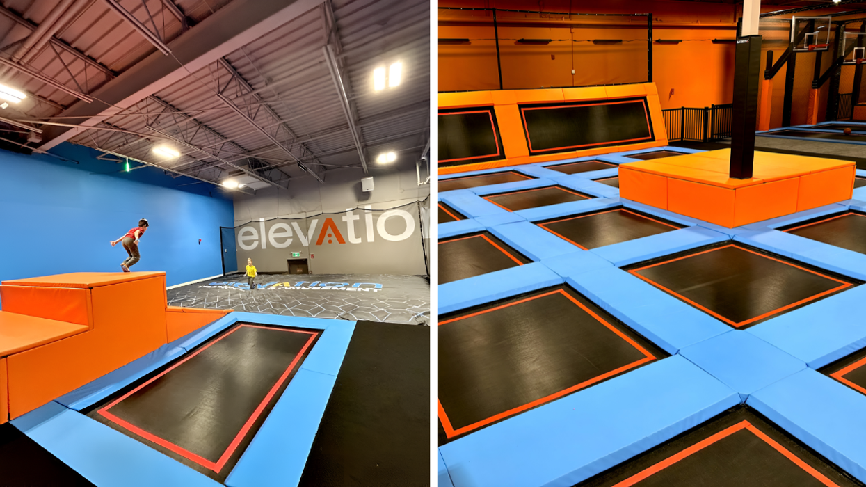 Child jumping from an orange platform onto a trampoline at Elevation indoor park. Right: Grid of trampolines with blue and orange padding at Elevation Park.