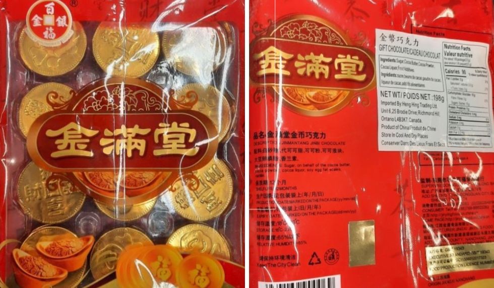 Chocolates disguised as Chinese gold coins packaged inside gold and red plastic.