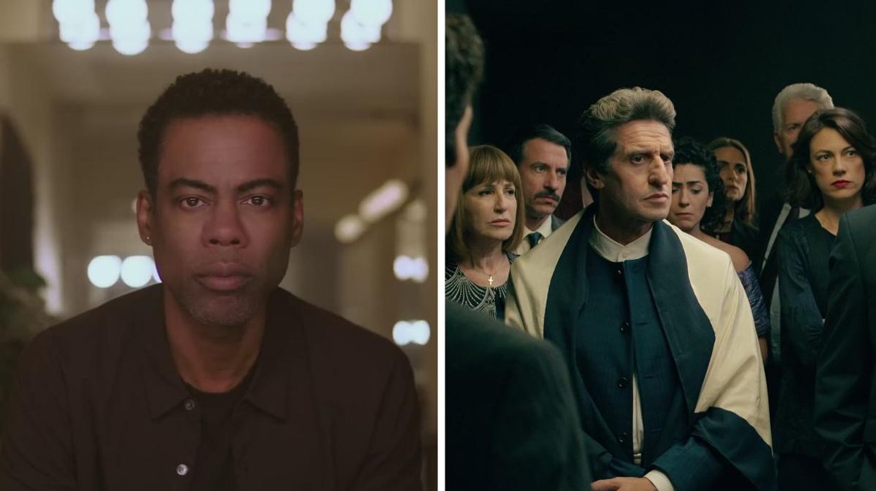 Chris Rock still from his upcoming stand-up show Chris Rock Selective Outrage. Right: A scene from The Kingdom on Netflix.