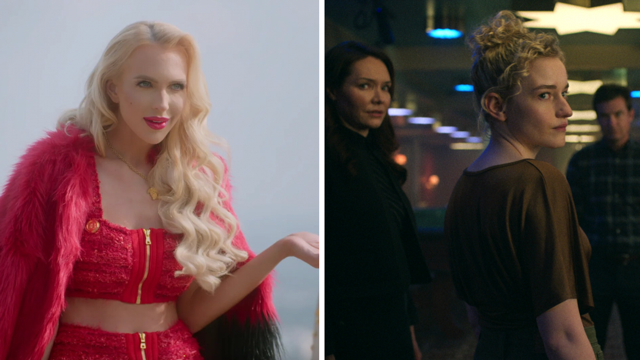 Christine Quinn wearing a red outfit on Selling Sunset: Season 5. Right: Julia Garner in Ozark: Season 4.