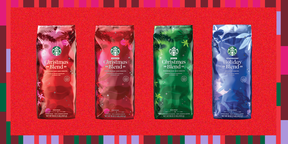 Christmas Blend and Holiday Blend bags of coffee beans.