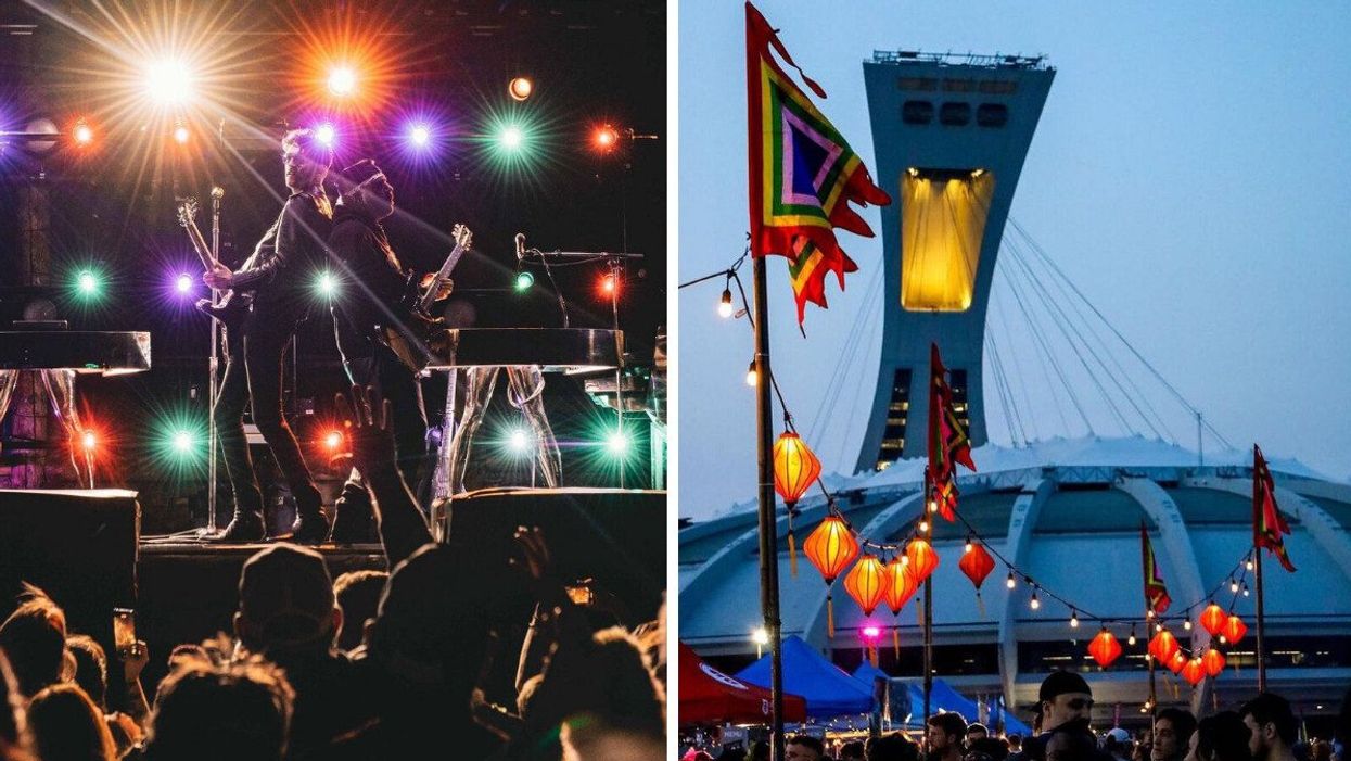 Chromeo perform on stage in front of flashing lights. Right: Montreal's Olympic Stadium behind food stalls at Les Premiers Vendredis.