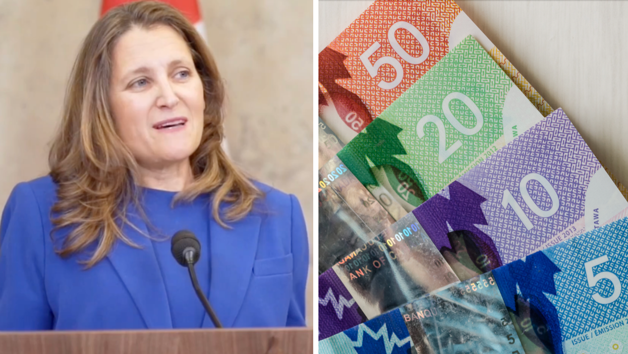 Chrystia Freehand speaking at press conference, Right: Canadian dollar bills.