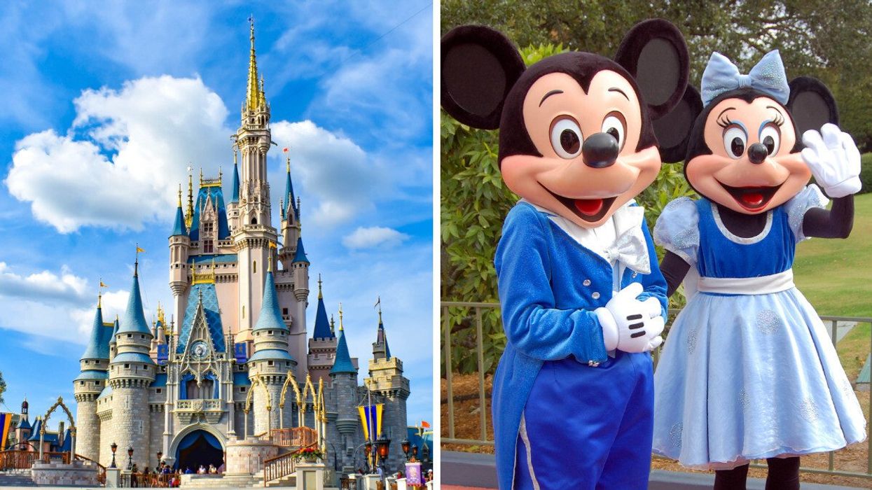Cinderella's castle at Walt Disney World Resort in Florida. Right: Mickey and Minnie Mouse wear their fanciest outfits and pose for the camera.