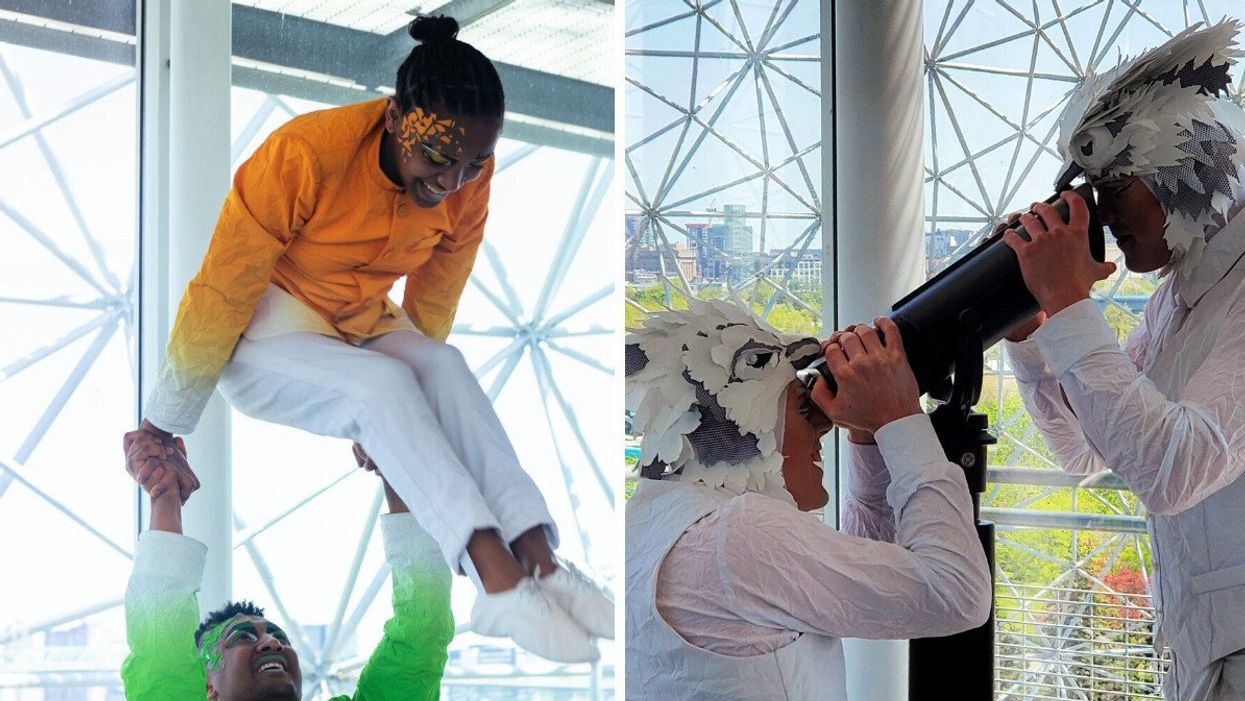 Cirque du Soleil acrobats perform stunts at the Montreal Biosphere.