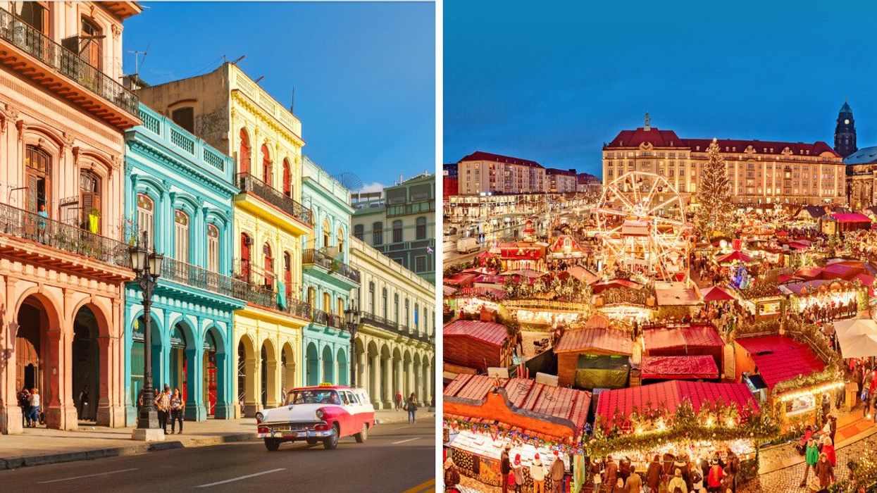 Classic old cars and colourful buildings in downtown Havana, Cuba. Right: A sparkling Christmas market in Germany, with many little huts.