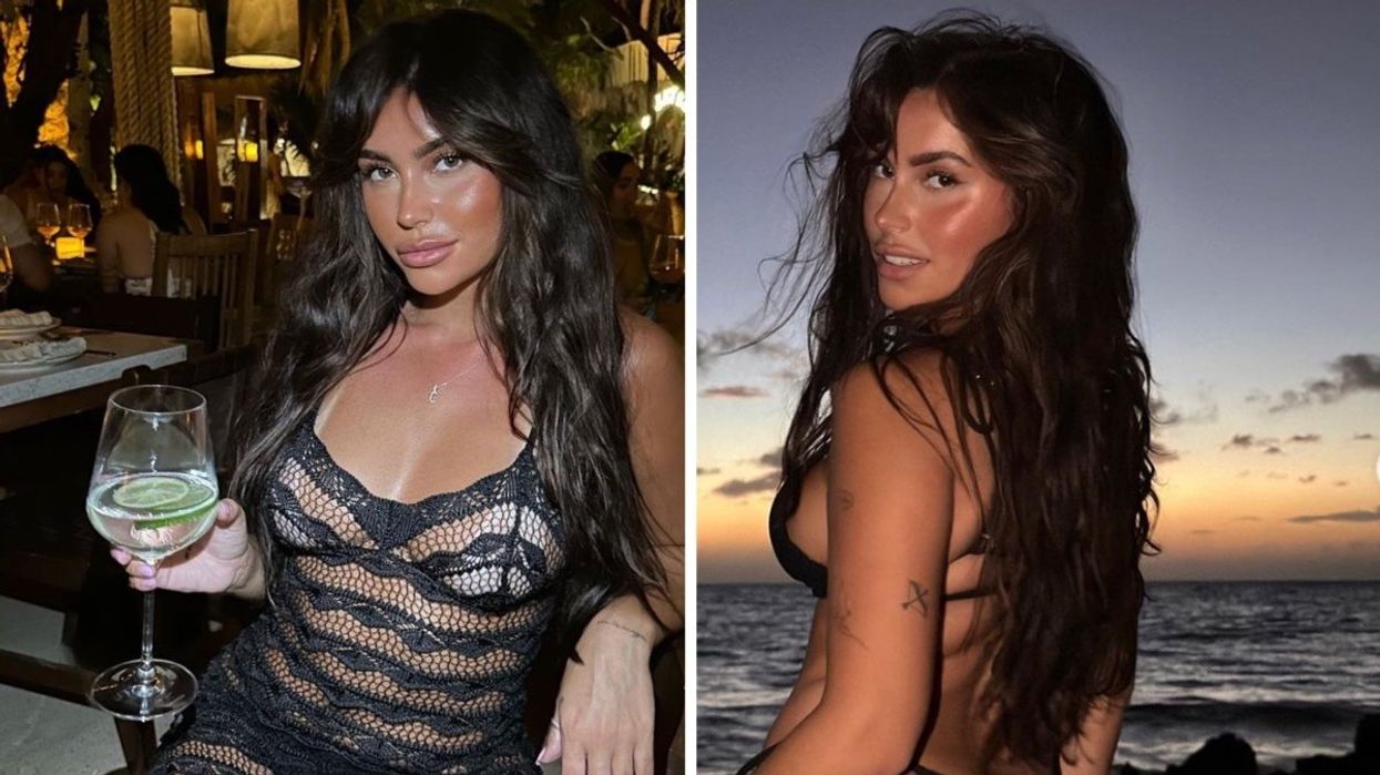 Claudia Tihan posing with a drink in her hand wearing a mesh black dress, Right: Claudia Tihan posing on the beach in a black bikini.