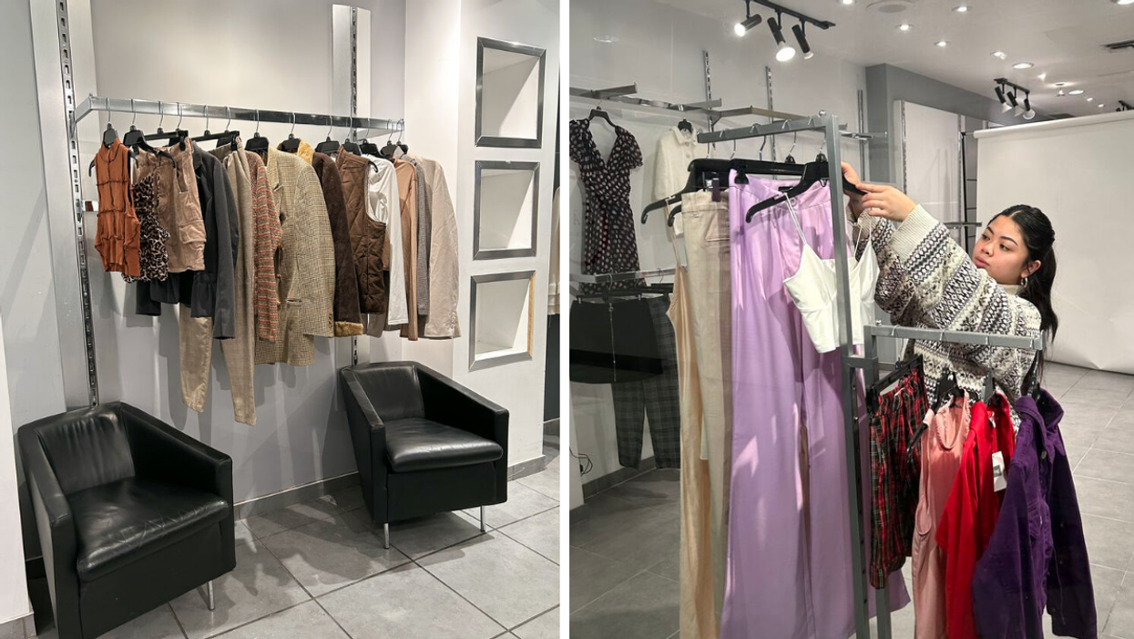 Clothes hang on a rack at Swish. Right: Someone stocks racks at Swish in Les Cours Mont-Royal.