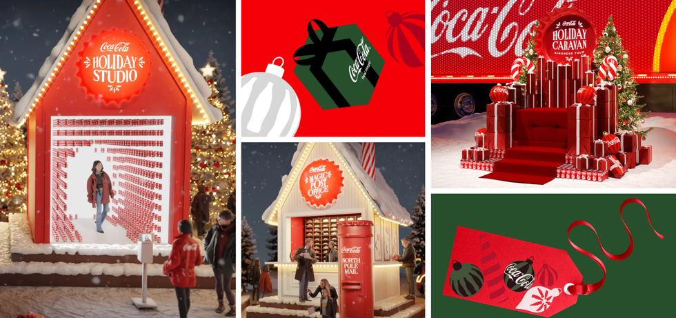 Coca-Cola Holiday Caravan attractions, including the Holiday Studio photo booth, Magic Post Office with North Pole Mail, and festive gift displays.