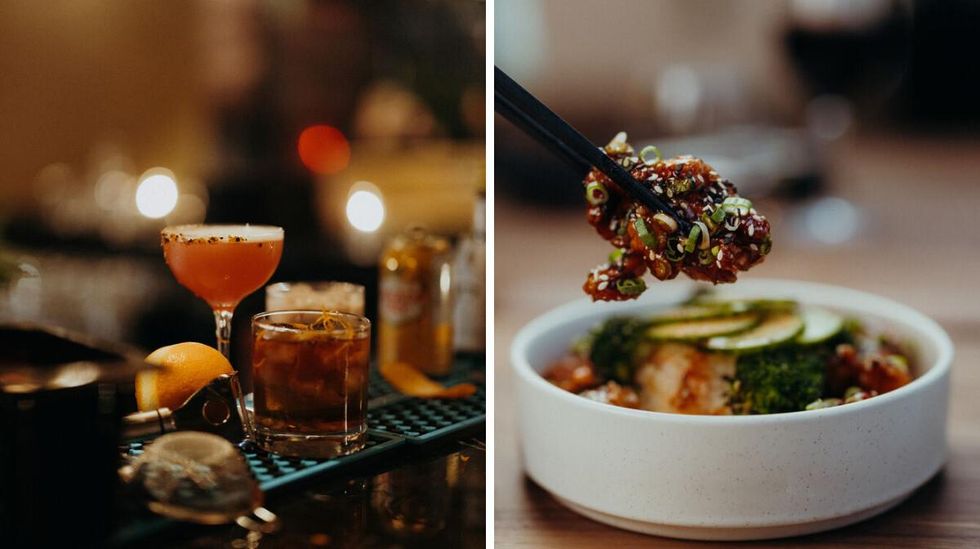 Cocktails served at Kampai Garden. Right: The crispy chicken dish served at Kampai Garden.