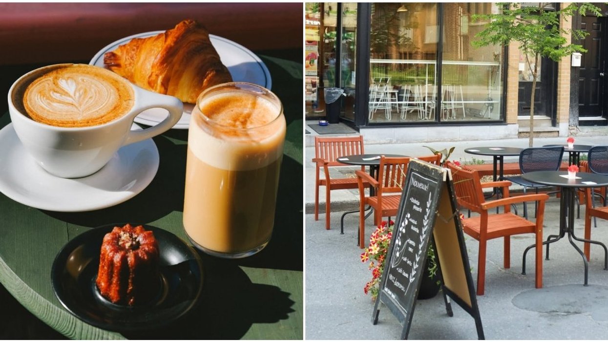 Coffee and pastries on a plate. Right: The exterior of a cafe in Montreal.