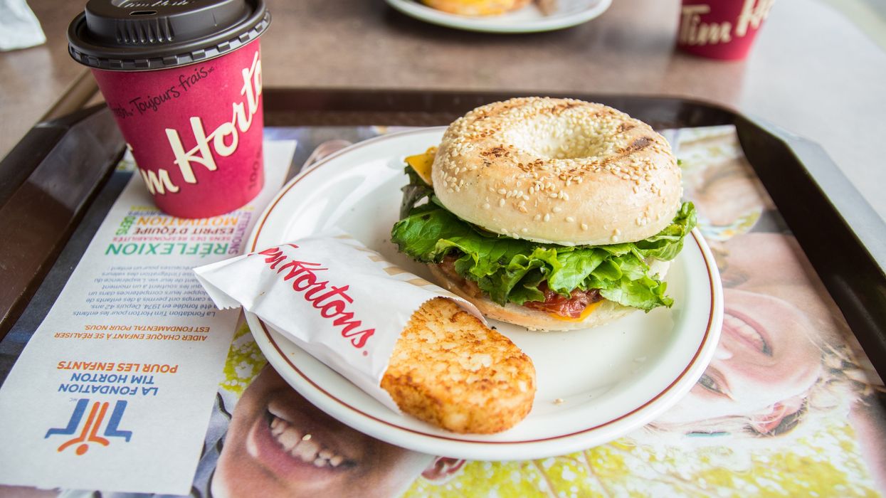 Coffee, bagel and a hash brown at Tim Hortons in Montreal, Quebec.