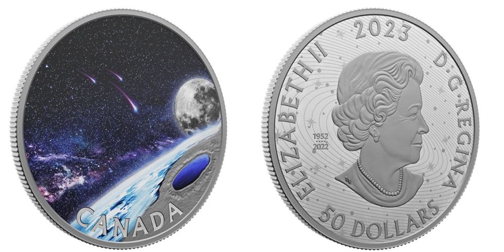 Coin with an illustration of a crater lake and, right, the obverse side with an effigy of Queen Elizabeth II and "50 dollars."