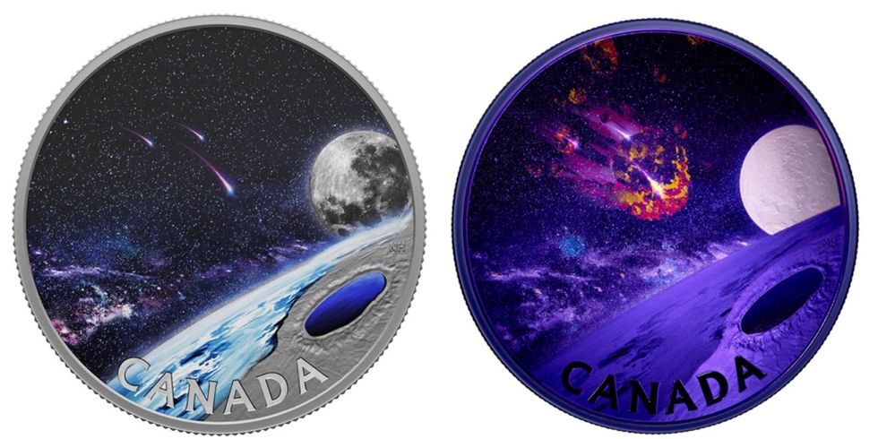 Coin with an illustration of a crater lake and, right, the same coin under blacklight with a meteor now visible.