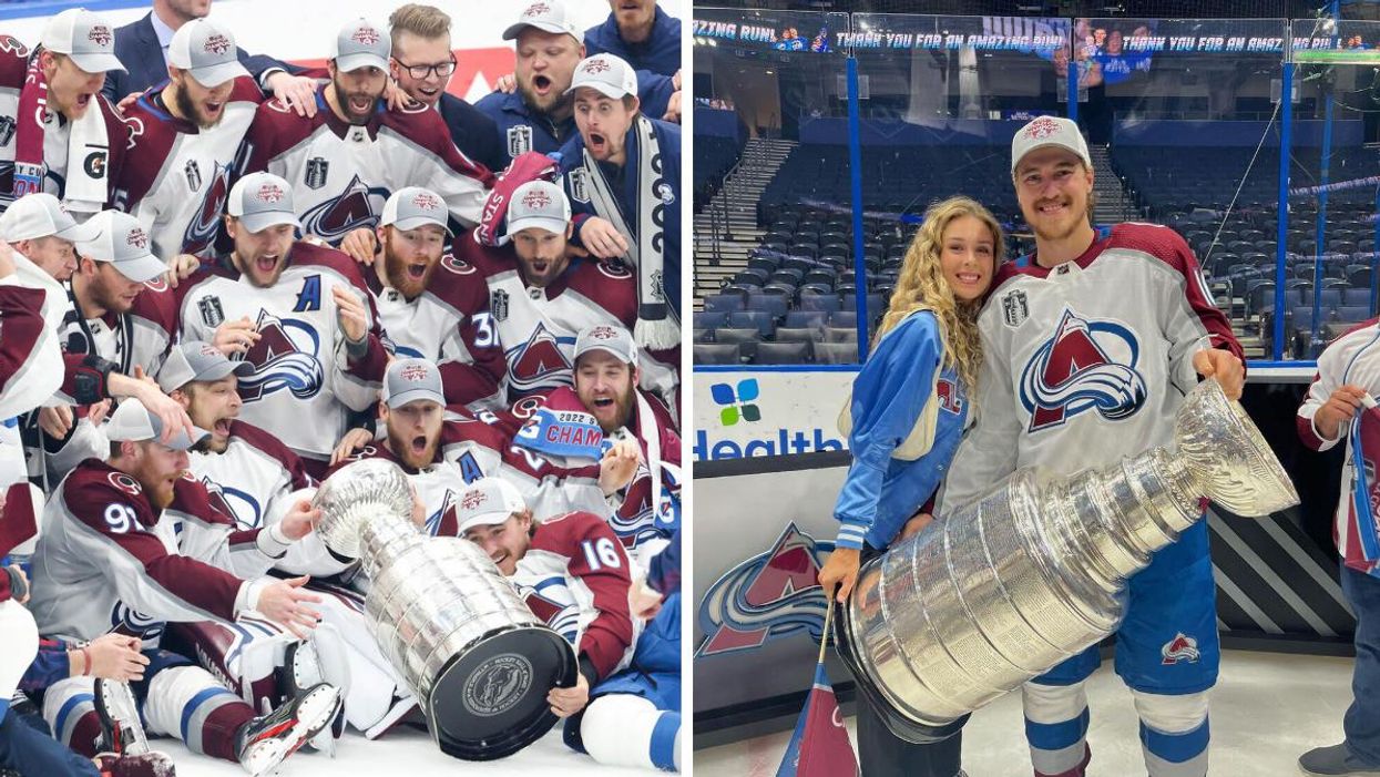 Colorado Avalanche team members moments after Nicolas Aubé-Kubel dropped the Stanley Cup. Right: Alex-Anne Aubé-Kubel and Nicolas Aubé-Kubel holding the Stanley Cup.