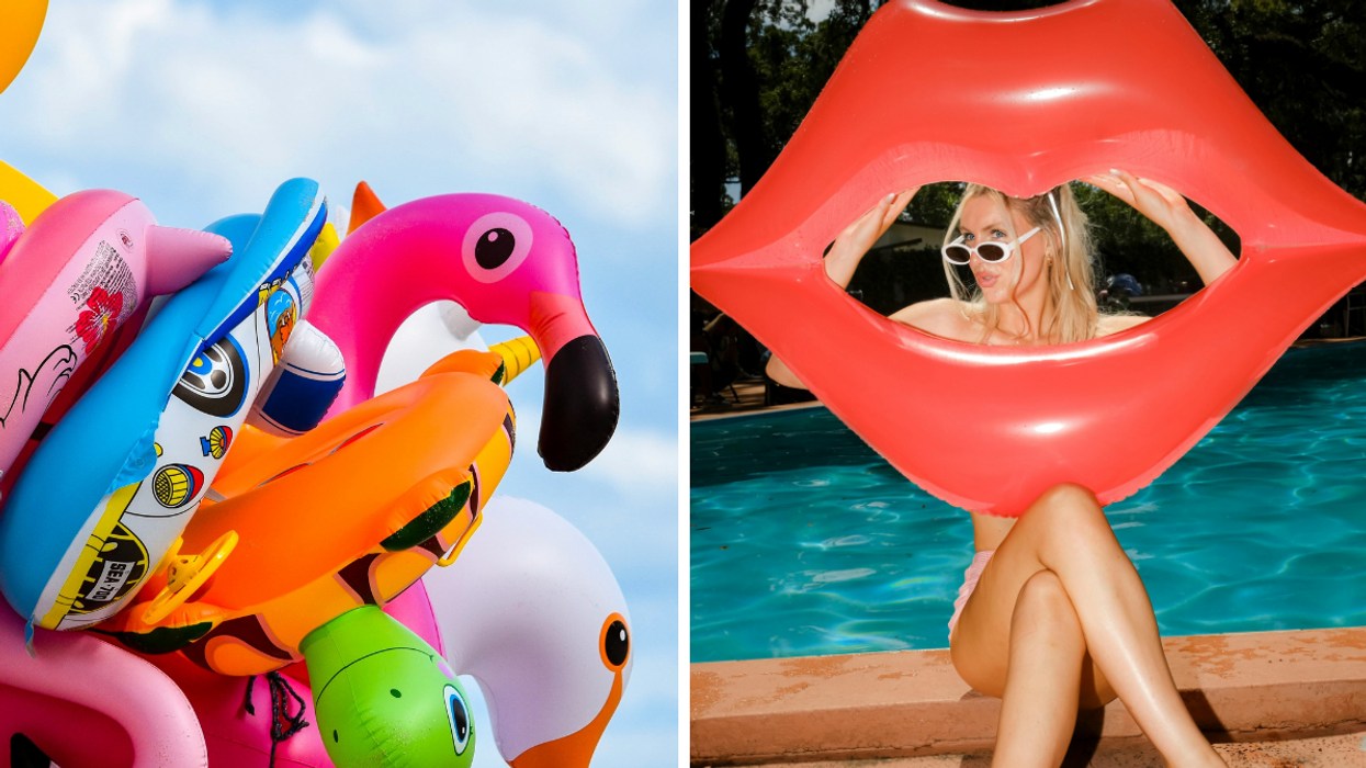 Colorful pool floats stacked for a summer pool party. Right: Chilling poolside with a lips-shaped floatie and summer vibes.