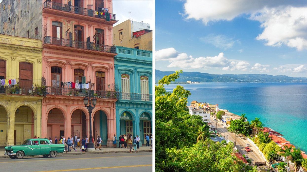 Colourful colonial buildings in Havana, Cuba, with a classic green car parked on the street below. Right: A scenic view of Montego Bay, Jamaica, featuring turquoise waters, lush greenery, and a coastal town.