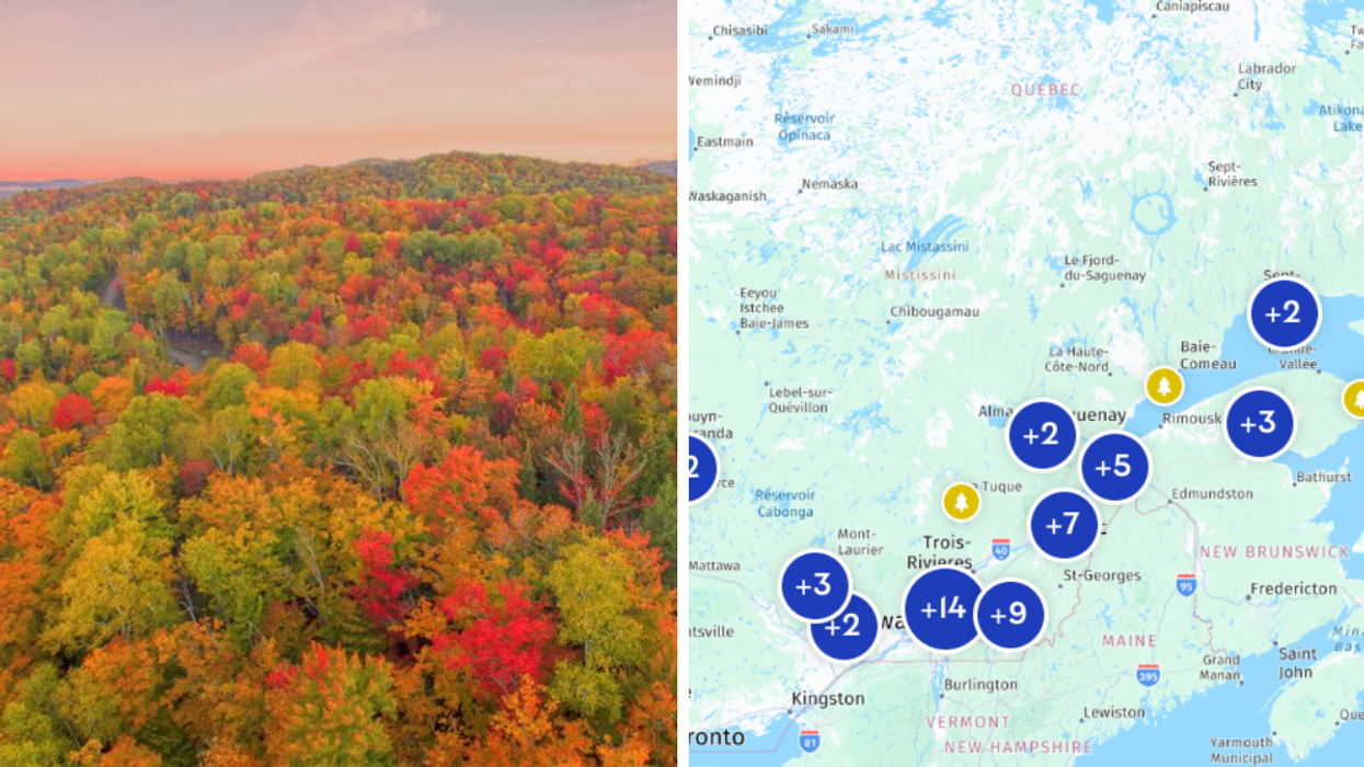 Colourful fall foliage in Quebec. Right: A map of Quebec.