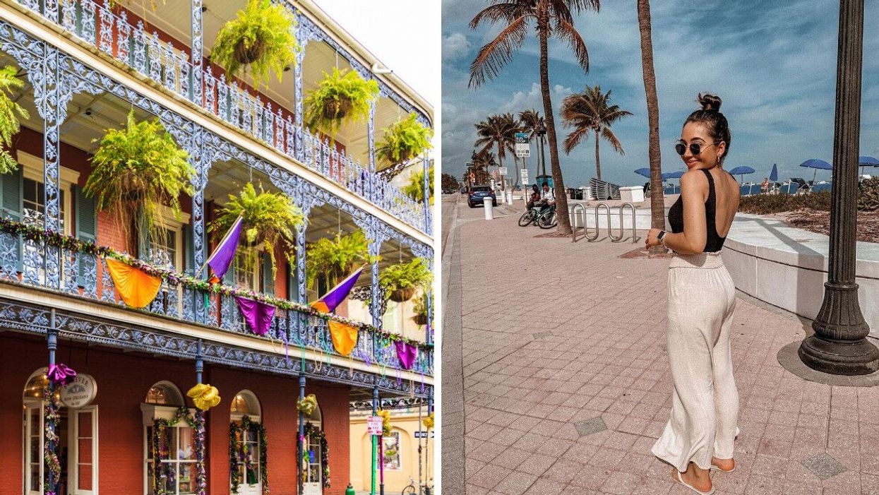 Colourful, plant-filled balconies in New Orleans. Right: Woman on a beachfront promenade in Florida.