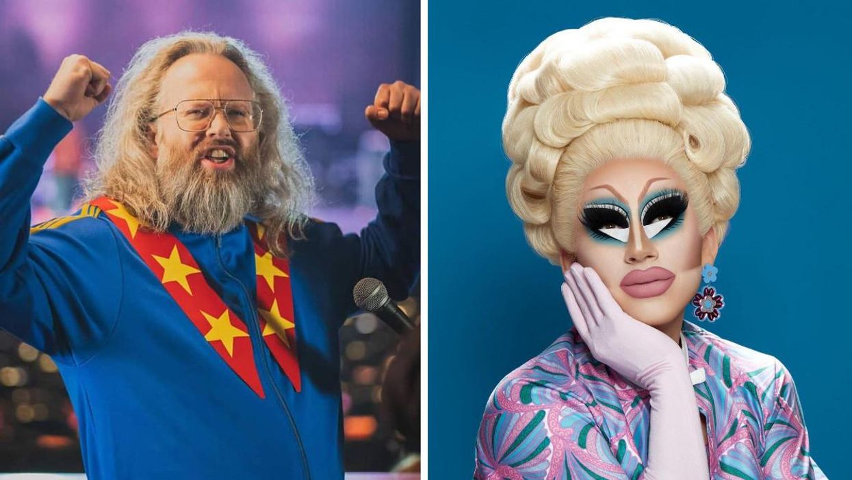 Comedian François Bellefeuille stands with his arms raised in front of a microphone. Right: Drag superstar Trixie Mattel stares wistfully into the distance.