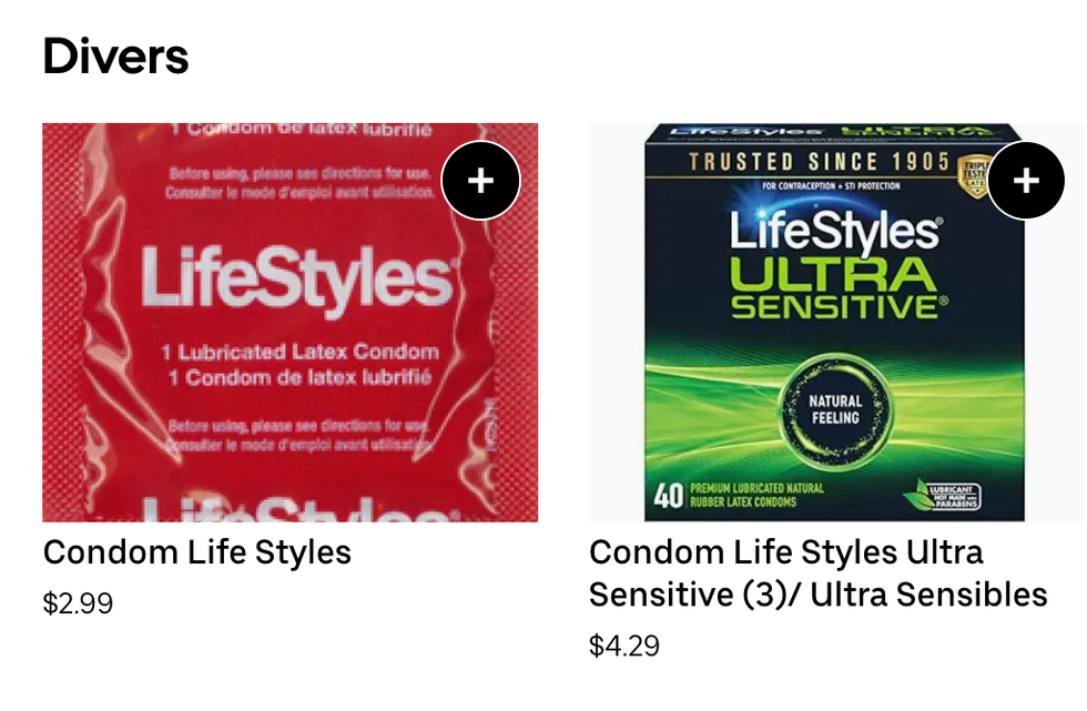 Condoms for sale from D\u00e9panneur Provisoir on Uber Eats.