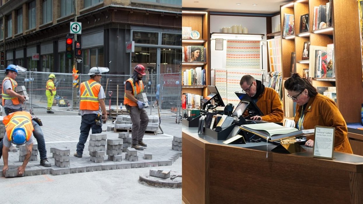 Construction workers in Montreal. Right: People working in museum.